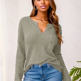 kkboxly  Solid Pocket Notch Neck T-Shirt, Casual Long Sleeve Top For Spring & Fall, Women's Clothing