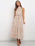kkboxly  Floral Print Halter Neck Dress, Tie Waist Sleeveless Casual Dress For Summer & Spring, Women's Clothing