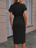kkboxly Solid Ruched V Neck Dress, Elegant Short Sleeve Dress, Women's Clothing