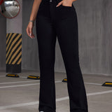Plus Size Casual Jeans, Women's Plus Solid Button Fly Medium Stretch Flared Leg Jeans