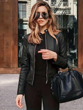 kkboxly  Solid Zipper Front Faux Leather Crop Jacket, Casual Long Sleeve Lightweight Jacket For Fall & Spring, Women's Clothing