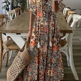 Kkboxly  Ikat Print Drawstring Dress, Boho Ruffle Trim V Neck Half Sleeve Summer Dress, Women's Clothing