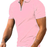 kkboxly  Solid Color Men's Casual Short Sleeves Zipper Graphic Polo Shirts, Lapel Collar Tops Pullovers, Men's Clothing For Summer