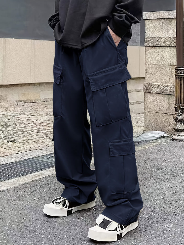 kkboxly  Solid Multi Flap Pockets Men's Straight Leg Cargo Pants, Loose Casual Outdoor Pants, Men's Work Pants Baggy Pants Trendy Streetwear