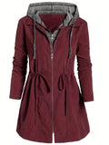 kkboxly  Plus Size Casual Coat, Women's Plus Colorblock Double Zip Up Long Sleeve Drawstring Nipped Waist Ruched Hooded Coat