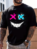 kkboxly  Cross Eyes Smile Face Print, Men's Graphic T-shirt, Casual Comfy Tees Tshirts For Summer, Men's Clothing Tops
