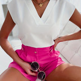 kkboxly  Elegant Solid V Neck Blouse, Short Sleeve Blouse For Spring & Summer, Women's Clothing