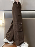 kkboxly  Girls' Thermal Warm Winter Wide-leg Cargo Pants, Casual Street Wear Straight Trousers With Multi-pockets