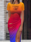Cut Out Drawstring Dress, Sexy Bodycon Split Short Sleeve Dress, Women's Clothing