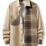kkboxly  Stylish Collage Chest Pocket Plaid Pattern Casual Long Sleeve Button Up Shirt, Men's Clothes For Spring Summer Fall Outdoor