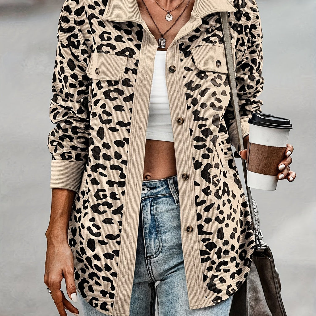 kkboxly  Plus Size Casual Jacket, Women's Plus Plain Leopard Print Flap Detail Long Sleeve Lapel Collar Button Decor Jacket