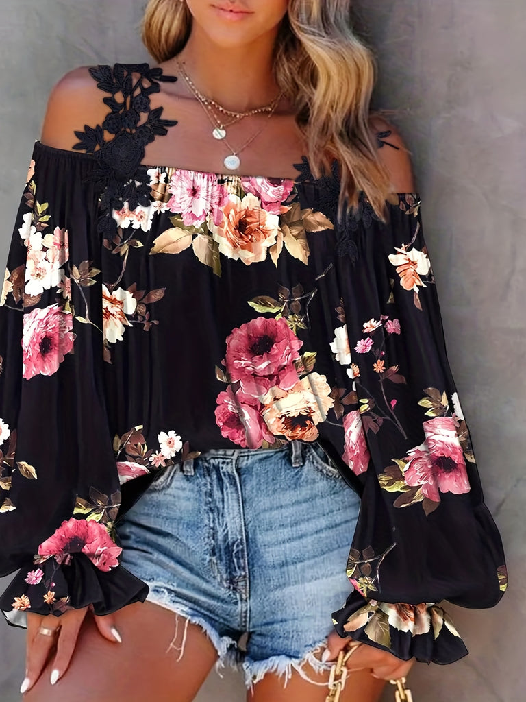 kkboxly   Lace Trim Floral Print Blouse, Casual Pleated Lantern Sleeve Off Shoulder Blouse, Women's Clothing