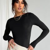 kkboxly  Versatile Solid Slim T-Shirt, Crew Neck Long Sleeve T-Shirt, Casual Every Day Tops, Women's Clothing