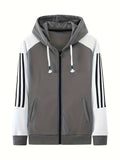 kkboxly  Men's Color Block Hoodie, Casual Slightly Stretch Breathable Zip Up Long Sleeve Coat For Outdoor