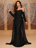 kkboxly  Off-shoulder Sequin Sweep Train Dress, Elegant Sweetheart Neck Long Sleeve Tiered Dress, Women's Clothing