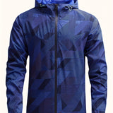 kkboxly  Men's Casual Geometric Print Windbreaker Jacket, Chic Hooded Thin Lightweight Outdoor Jacket