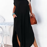 kkboxly  Short Sleeve Maxi Dress, Crew Neck Side Slit Casual Dress For Summer & Spring, Women's Clothing