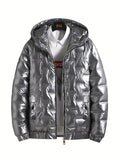 kkboxly  Men's Casual Warm Padded Jacket, Zip Up Hooded Warm Thick Glossy Coat For Fall Winter