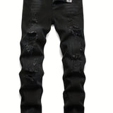 kkboxly  Regular Fit Ripped Jeans, Men's Casual Street Style Distressed Denim Pants For All Seasons