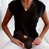 kkboxly  Elegant Solid V Neck Blouse, Short Sleeve Blouse For Spring & Summer, Women's Clothing