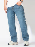 kkboxly  Plus Size Men's Mid Rise Light Indigo Straight Leg Stretch Comfortable Fit Jeans, Casual Trendy Oversized Long Pants