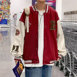 kkboxly  Letter V & Star Pattern Print Varsity Jacket, Men's Casual Baseball Jacket Coat Snap Button Regular Fit College Hipster Windbreaker For Spring Autumn