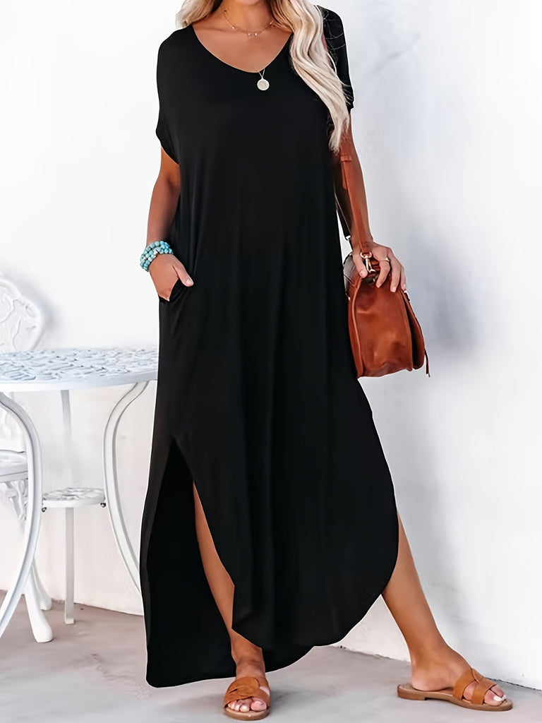 kkboxly  Short Sleeve Maxi Dress, Crew Neck Side Slit Casual Dress For Summer & Spring, Women's Clothing