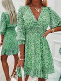 Kkboxly  Women's Dresses Puff Sleeve Floral Print Ruched Waist V-Neck Boho Dresses