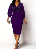kkboxly  Elegant Skinny Shiny Dress, Long Sleeve V-neck Dress For Party & Banquet, Women's Clothing