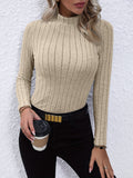 kkboxly  Solid Ribbed Mock Neck Pullover Sweater, Elegant Long Sleeve Sweater For Fall & Winter, Women's Clothing