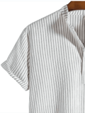 kkboxly  Men's Cotton & Linen Striped Half Button Shirt