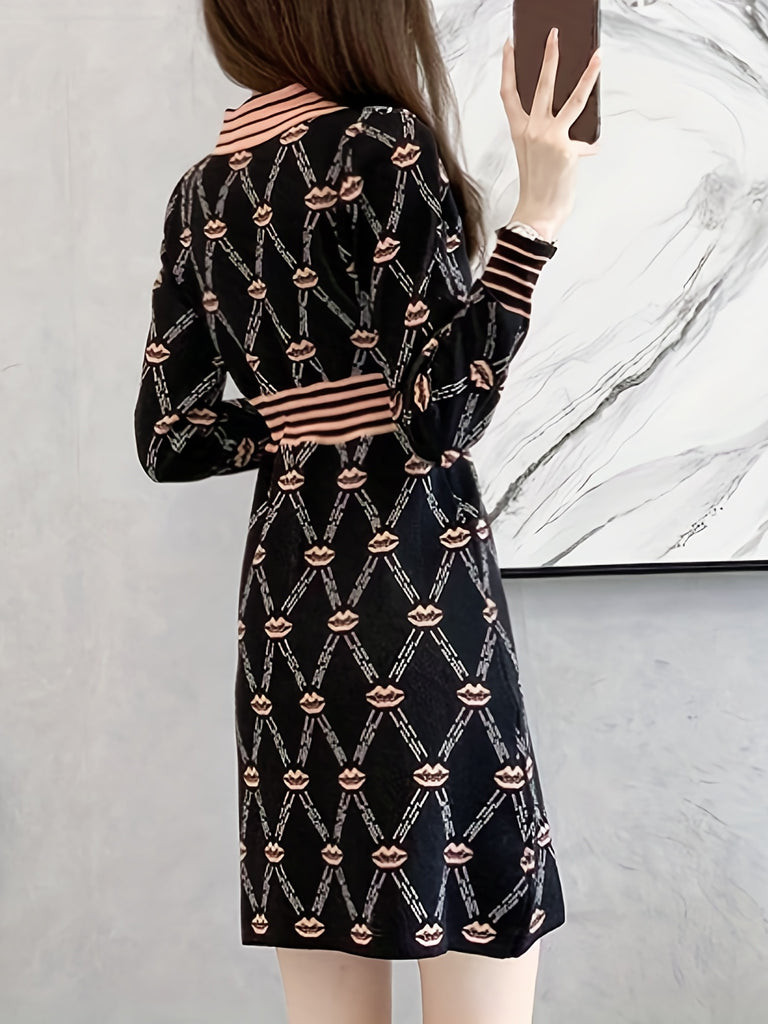 kkboxly  Chain Print Button Front Dress, Elegant Long Sleeve Dress, Women's Clothing