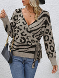 kkboxly  All Over Pattern Knitted Pullover Top, Casual Tie Front Long Sleeve Sweater For Fall & Winter, Women's Clothing