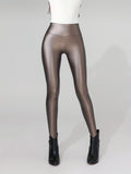 High Waisted Faux PU Leather Sports Leggings, Elastic Slim Sexy Tights, Women's Activewear