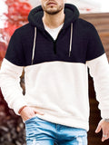 Cool Fluffy Thermal Hoodies For Men, Men's Casual Color Block Polar Fleece Pullover Hooded Sweatshirt With Kangaroo Pocket Streetwear For Winter Fall, As Gifts