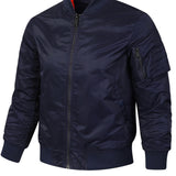 kkboxly  Men's Stylish Solid Windbreaker With Pockets, Active Breathable V Neck Zip Up Long Sleeve Jacket For Spring Fall