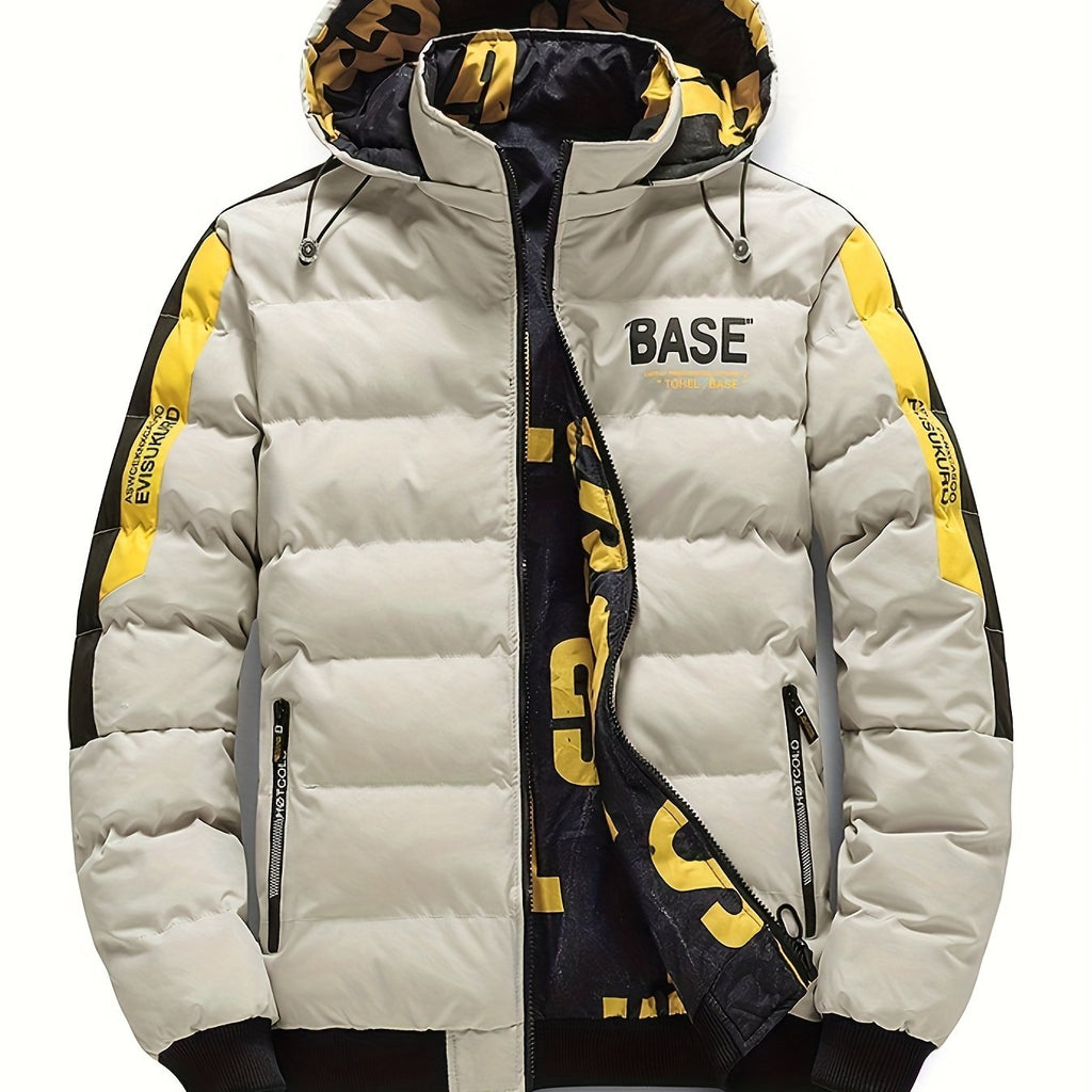 Men's Casual Printed Reversible Padded Coat, Chic Warm Hooded Jacket With Zipper Pockets For Fall Winter
