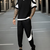 2-piece Men's Summer Street Outfit Set, Color Block Men's Short Sleeve Round Neck T-shirt & Drawstring Long Pants Set