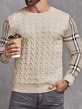 kkboxly  Crew Neck Knitted Sweater, Men's Casual Warm Color Block Plaid Sleeves Slightly Stretch Pullover Sweater For Fall Winter