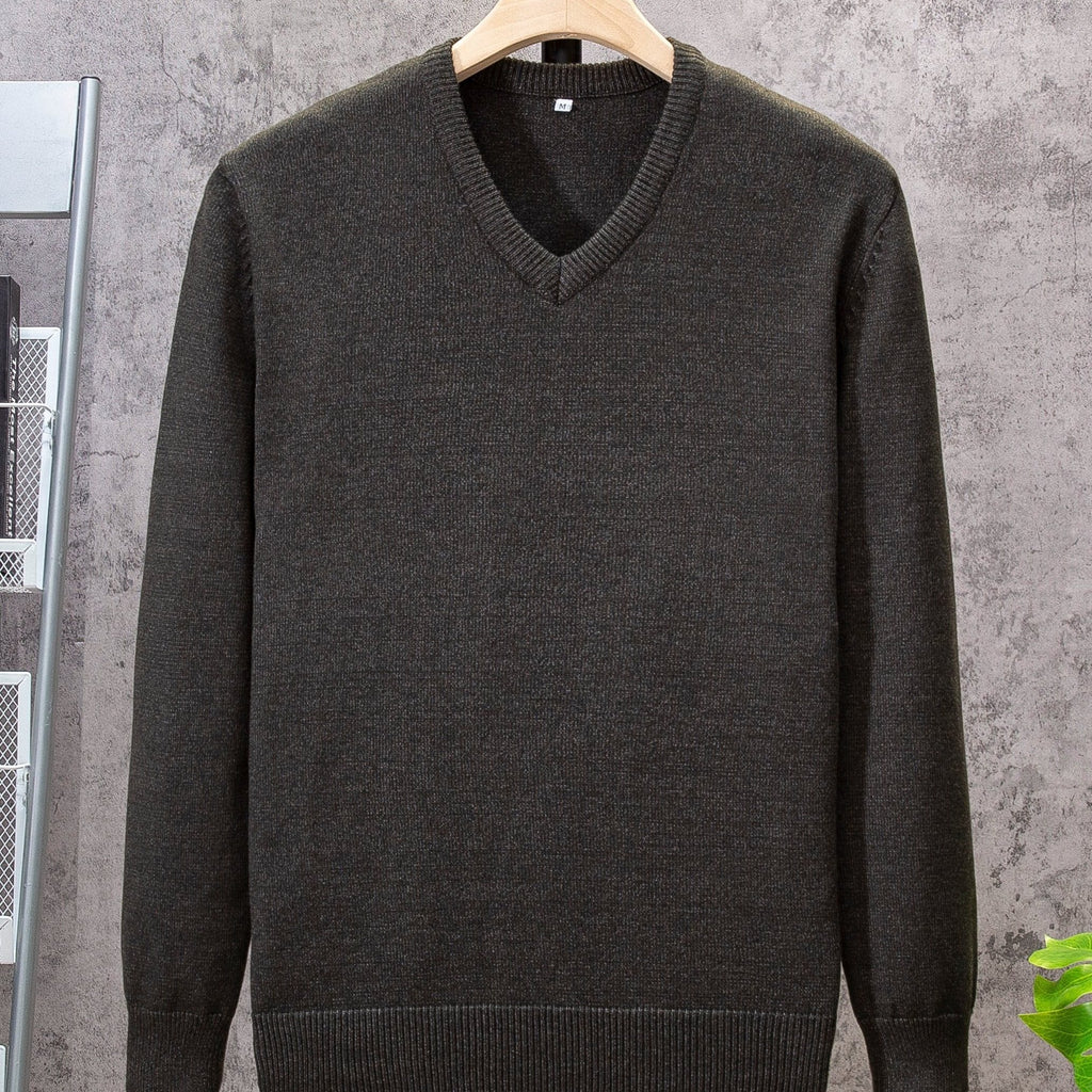 kkboxly  All Match Knitted Solid Sweater, Men's Casual Warm Slightly Stretch V Neck Pullover Sweater For Men Fall Winter