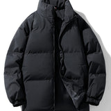 kkboxly Men's Stylish Solid Puffer Coat With Pockets, Casual Breathable Stand Collar Zip Up Long Sleeve Warm Top For City Walk Street Hanging Winter Outdoor Activities