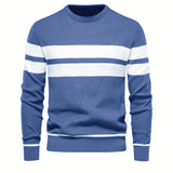 kkboxly  All Match Knitted Striped Pattern Sweater, Men's Casual Warm Slightly Stretch Crew Neck Pullover Sweater For Men Fall Winter