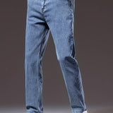 kkboxly  Men's Stylish Cotton Blend Solid Denim Trousers With Pockets, Causal Breathable Slim-fit Jeans For Spring Fall Outdoor Activities