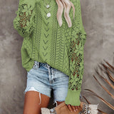 kkboxly  Contrast Lace Eyelet Knit Sweater, Casual Crew Neck Long Sleeve Sweater, Women's Clothing