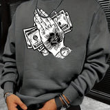 kkboxly  Cartoon Praying Hands With Money Print Sweatshirt, Men's Casual Graphic Design Slightly Stretch Crew Neck Pullover Sweatshirt For Autumn Winter