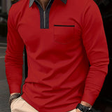kkboxly Men's Casual Long Sleeves Zip Up Polo Shirts With Chest Pocket, Lapel Collar Tops Pullovers, Men's Clothing For Summer