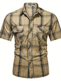 kkboxly  Trendy Plaid Print Men's Casual Short Sleeve Cotton Shirt With Chest Pocket, Men's Shirt For Summer, Tops For Men
