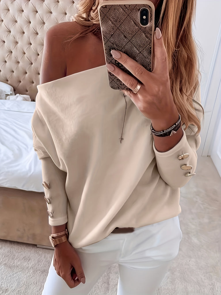 kkboxly  Solid Off Shoulder Pullover Sweater, Elegant Long Sleeve Button Sweater, Women's Clothing