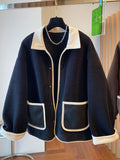 kkboxly  Contrast Trim Patched Pockets Outwear, Versatile Long Sleeve Button Front Coat For Fall & Winter, Women's Clothing