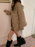 Raw Trim Button Front Coat, Chic Long Sleeve Pocket Coat For Fall & Winter, Women's Clothing